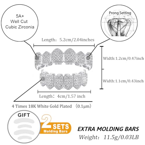 TOPGRILLZ Grillz Vampire Teeth - Grills for Your Teeth Grillz for Women Men 18K Gold-Plated Iced out CZ Fangs Hip Hop Rapper Costume Accessory Cosplay Extra Molding Bars（Silver） - Image 2