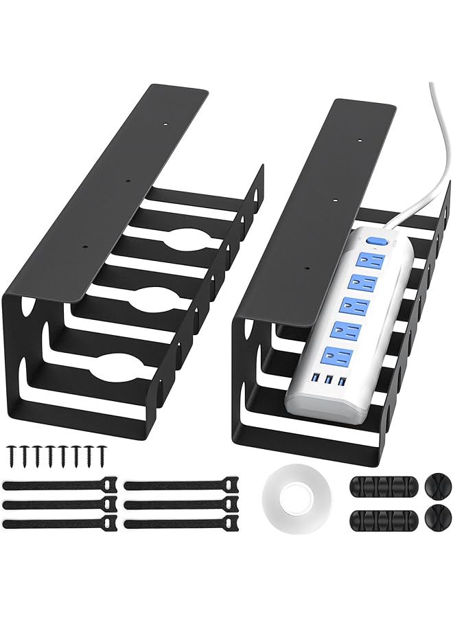 PROMASS 2 pack Metal Cable Management Under Desk U-Channel - Home & Office Under Desk Cable Management, Tape & Screw Installation Cord Organizer for Desk, Desk Cable Management with Various accessories - Image 1