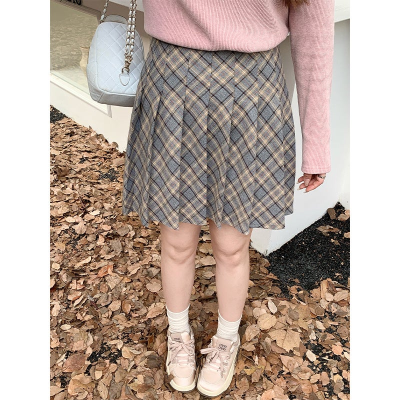 Autumn Plaid Pleated Skirt High Waist Plus Size Khaki  - Image 5