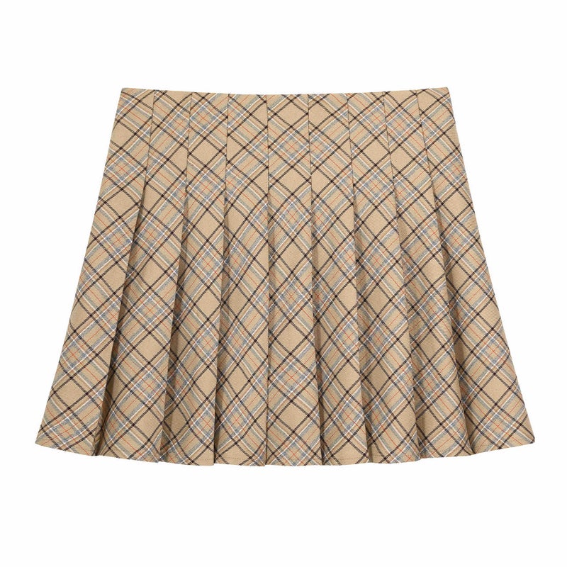 Autumn Plaid Pleated Skirt High Waist Plus Size Khaki  - Image 1