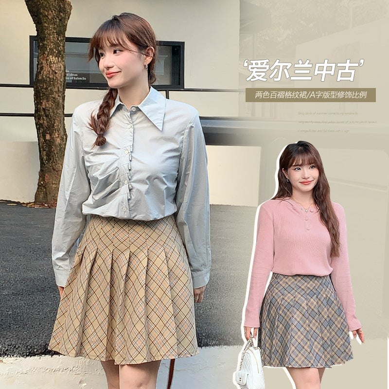 Autumn Plaid Pleated Skirt High Waist Plus Size Khaki  - Image 3