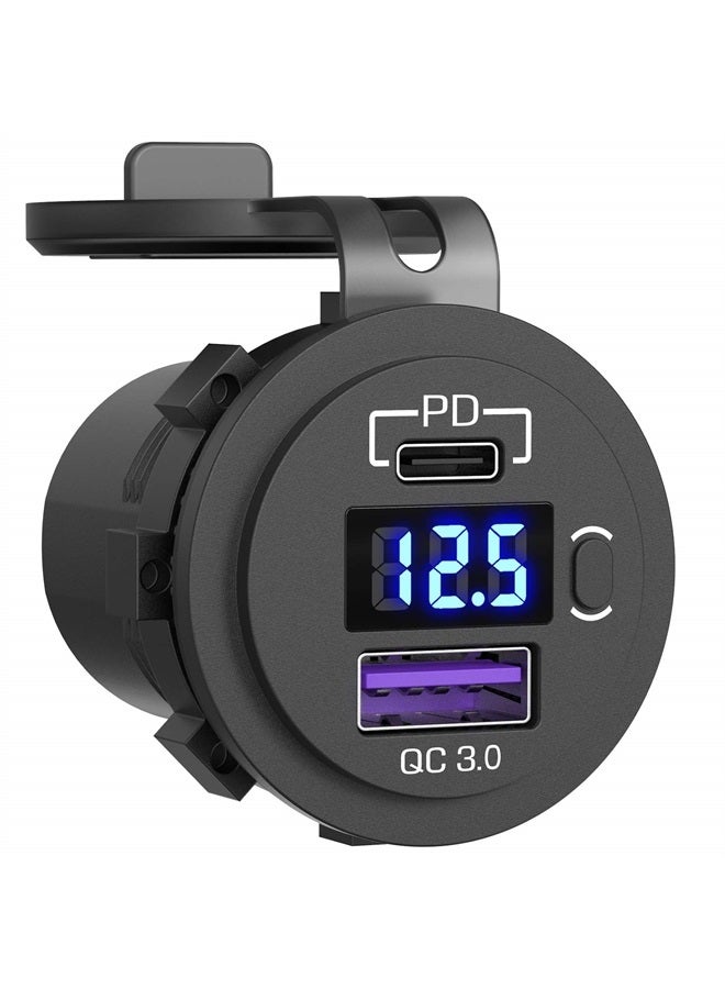 Qidoe USB C Car Charger Socket, Qidoe 12V/24V Dual USB Outlet PD3.0 & QC3.0 Car USB Port with LED Voltmeter and ON/Off Switch DIY Car Socket for Car Boat Marine Bus Truck Golf RV Motorcycle - Image 1