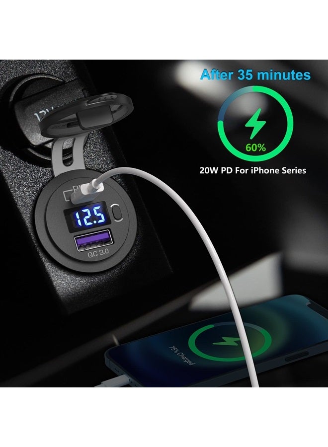 Qidoe USB C Car Charger Socket, Qidoe 12V/24V Dual USB Outlet PD3.0 & QC3.0 Car USB Port with LED Voltmeter and ON/Off Switch DIY Car Socket for Car Boat Marine Bus Truck Golf RV Motorcycle - Image 2