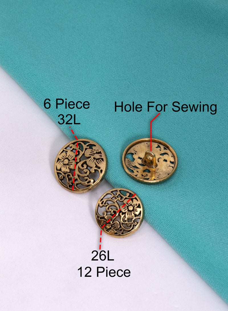 18-Piece Metal Button Set with Floral Design, 12 Pieces 26L and 6 Pieces 32L-Gold - Image 4