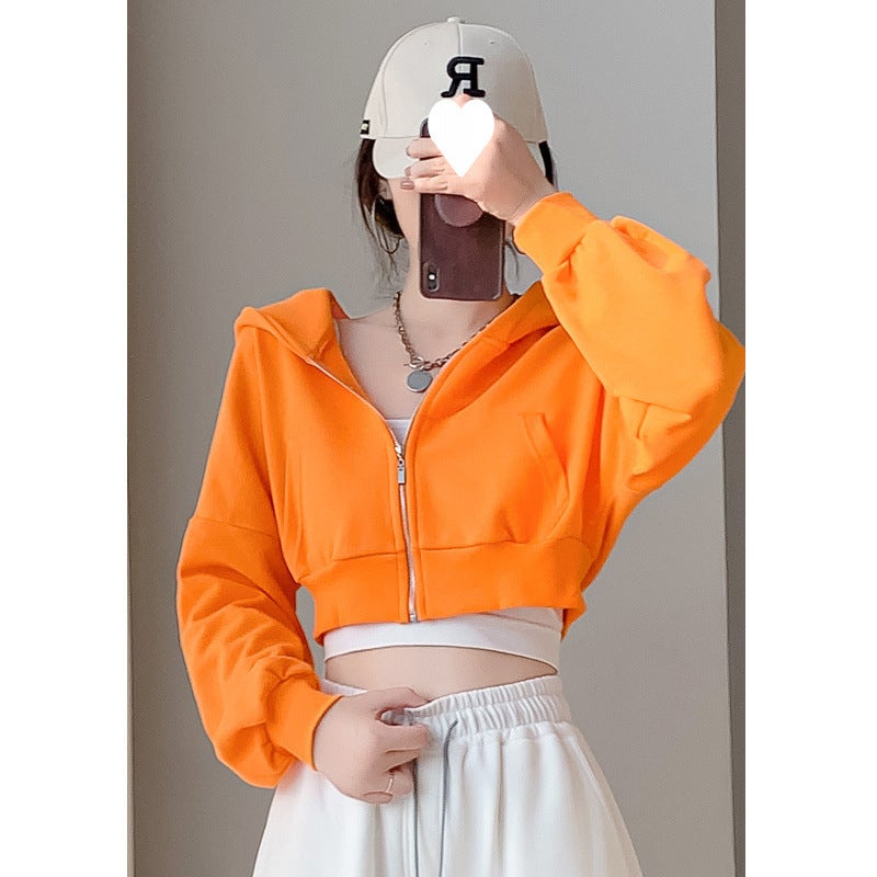 European and American Solid Color Sweatshirt Womens Spring and Autumn American Street Loose Hooded Slim Short Navel Top Fashion Coat Orange red without velvet
