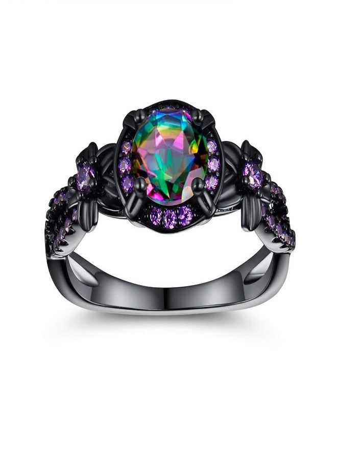 VOLUKA 18K Black Gold Plated Round Created Rainbow Mystic Quartz CZ Amethyst Ring Band Eternity Jewelry Gifts for Women Men, Gemstone, rainbow cz - Image 1