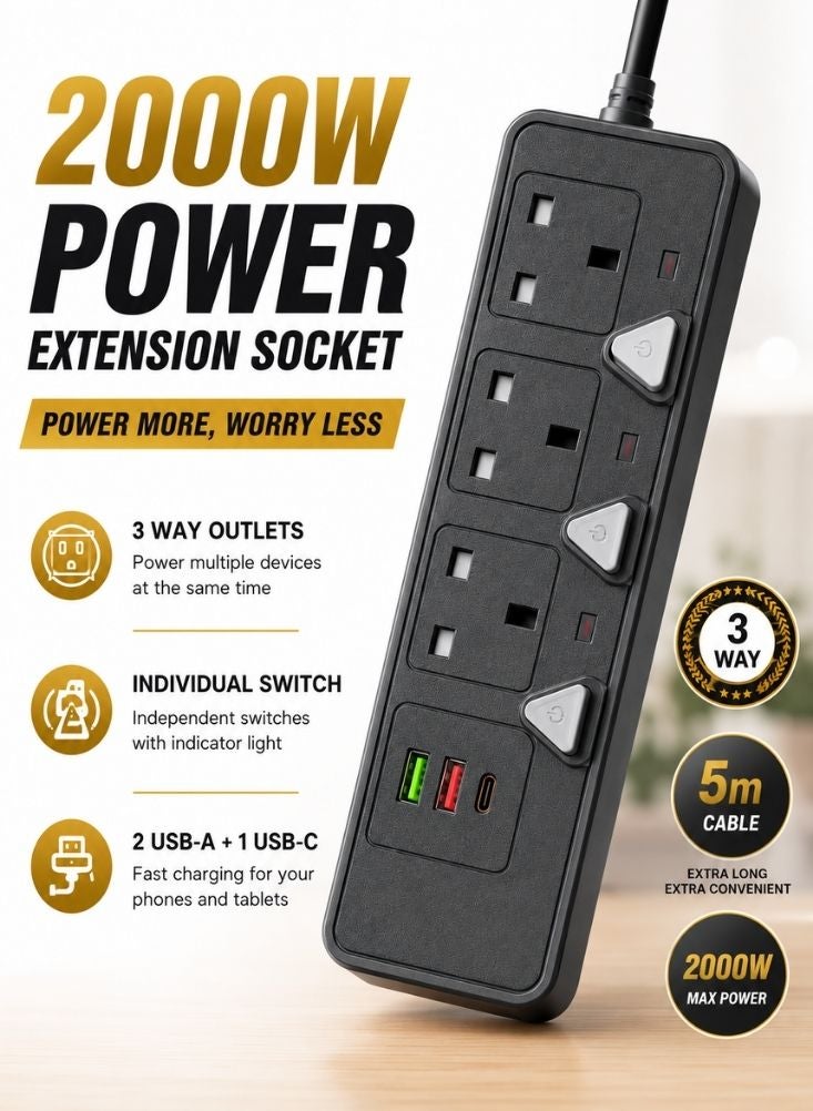 NinEx 3 Way Extension Socket with USB Ports - Image 1