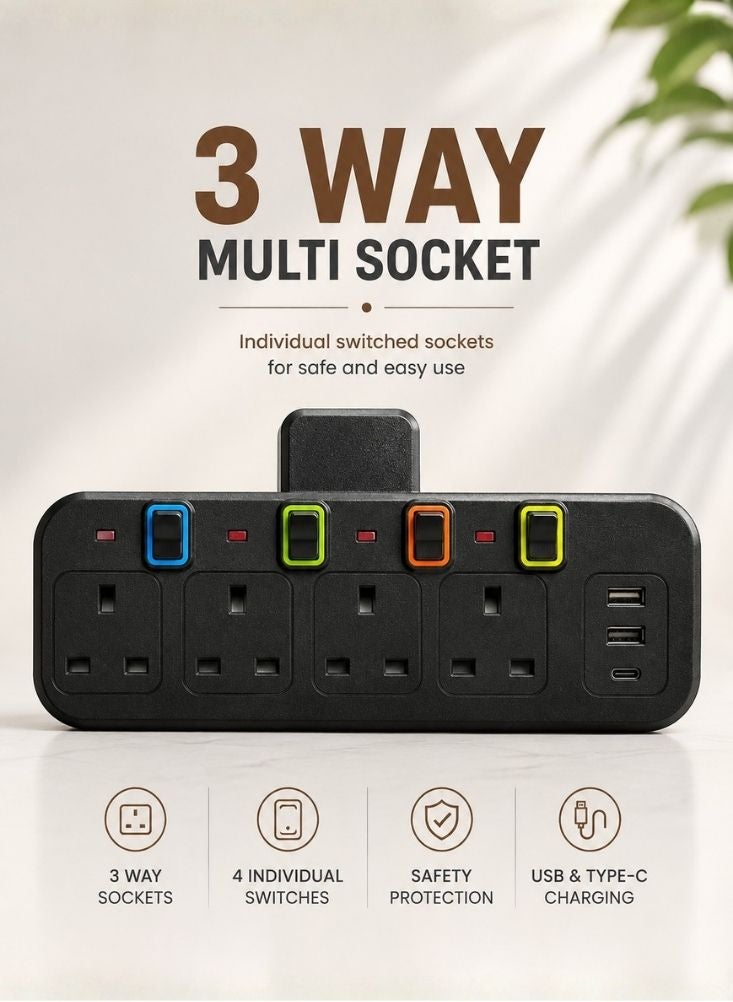 NinEx 3 Way Extension Socket with USB Ports - Image 3