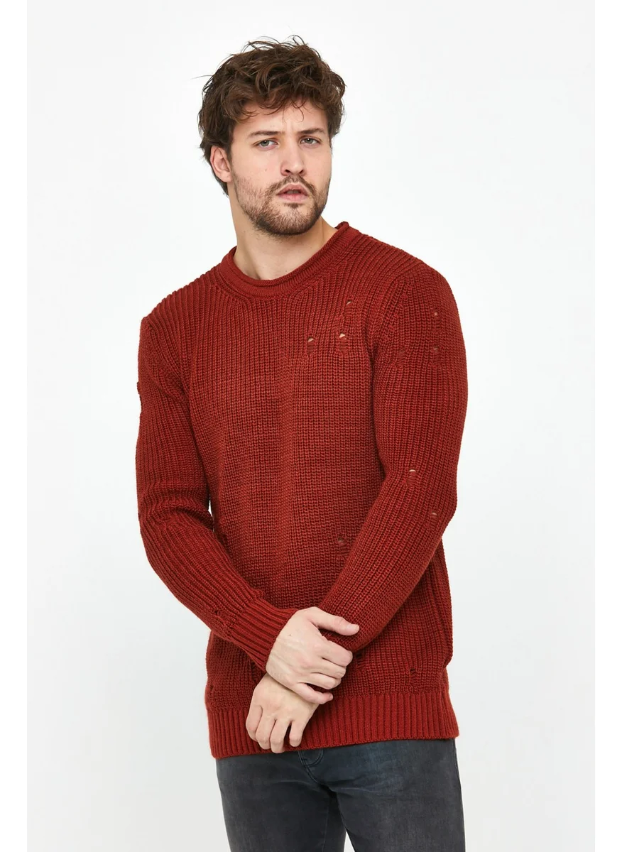 Cool Tarz Cool Style Claret Red Men's Destroyed Model Knitwear Sweater