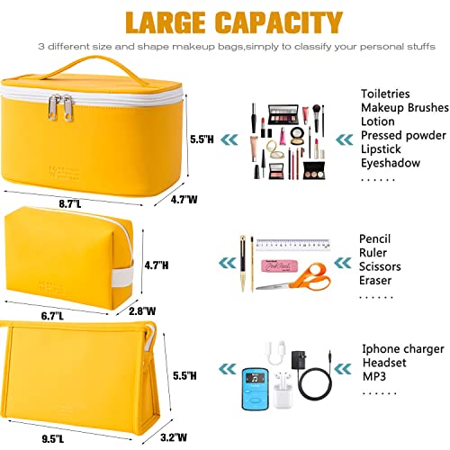 FITINI 3 Pieces Makeup Bag for Women Travel Toiletry Bag Portable Cosmetic Pouch Organizer with Girls Small Brush Holders Zipper Waterproof Storage CaseYellow - Image 3
