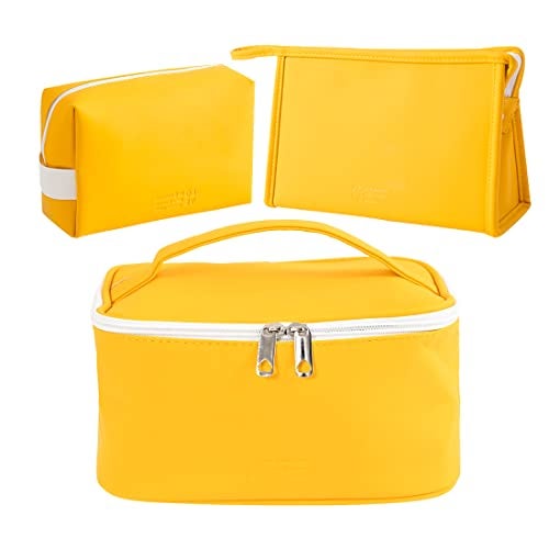 FITINI 3 Pieces Makeup Bag for Women Travel Toiletry Bag Portable Cosmetic Pouch Organizer with Girls Small Brush Holders Zipper Waterproof Storage CaseYellow - Image 1