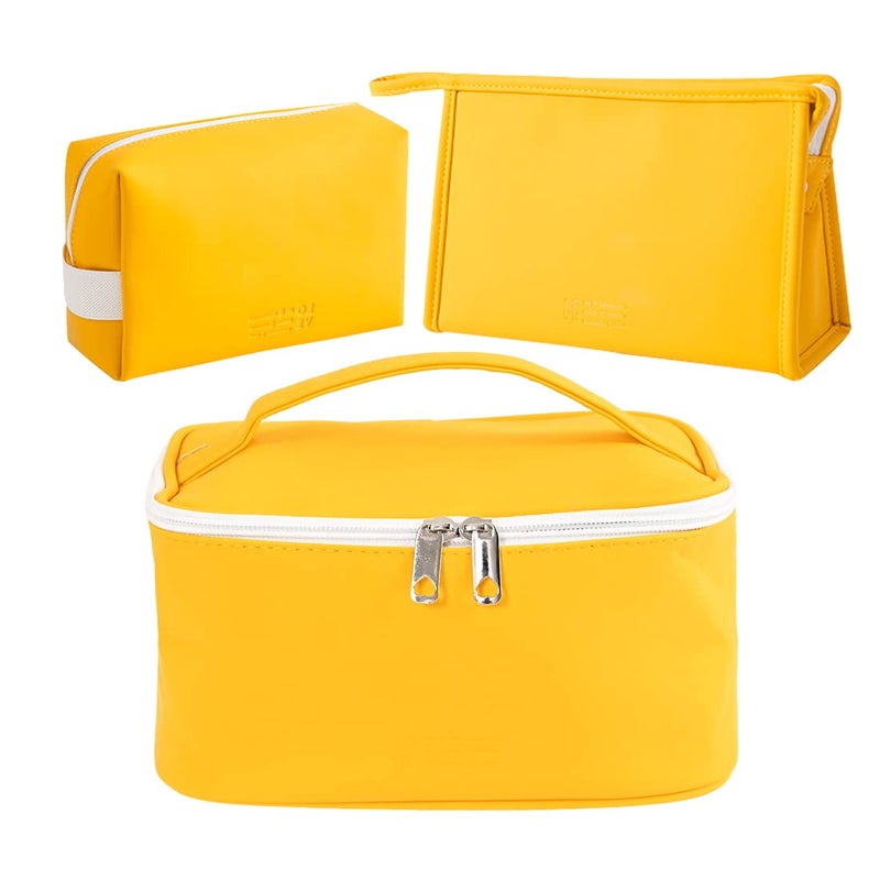 FITINI 3 Pieces Makeup Bag for Women Travel Toiletry Bag Portable Cosmetic Pouch Organizer with Girls Small Brush Holders Zipper Waterproof Storage CaseYellow - Image 2