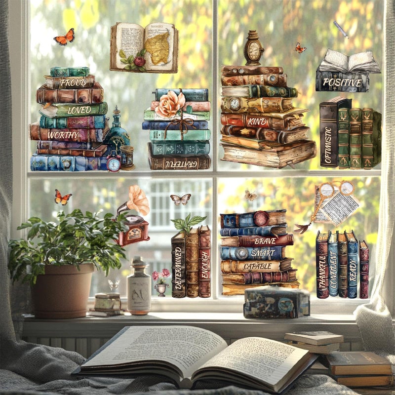 إيزما ملصقات نوافذ على شكل كتب عتيقة، ملصقات مزدوجة الجوانب للنوافذ الزجاجية، ملصقات للفصول الدراسية ورياض الأطفال، ملصقات كتب مائية قابلة للتقشير واللصق، ملصقات لتزيين جدران المكتبات وغرف الأطفال - Image 1