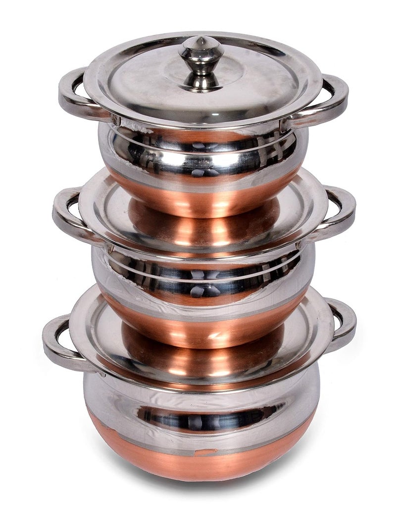 OBLETTER OBLETTER Kitchen Stainless Steel Handi Set with Lid Set Biryani Handi Set for Cooking Serving Baking Prepping Use Set of 3  - Image 1