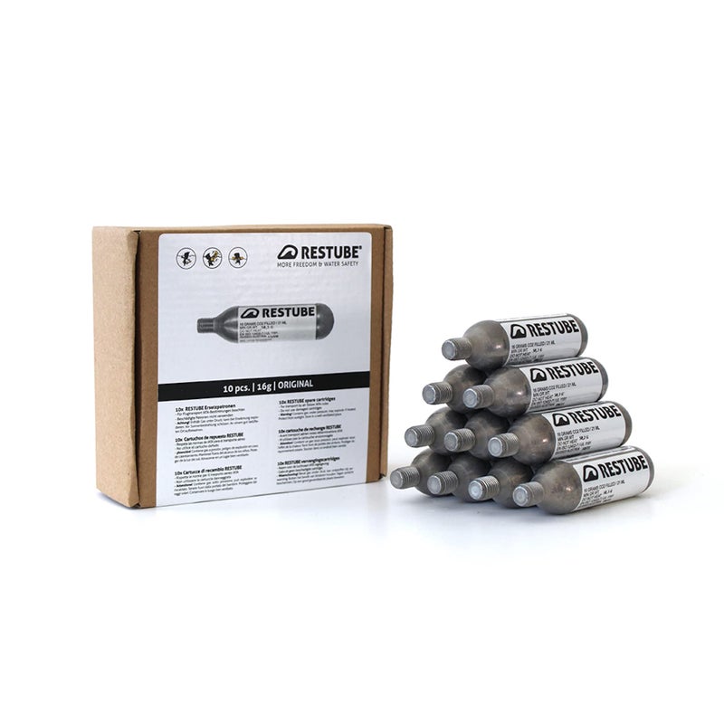 Restube CO2 Replacement Cartridges for One-Pull Inflatable Swim Buoy (Set of 10) - 16g Waterproof Marine CO2 Inflators for Swimming Float Buoyancy Aid - Image 1
