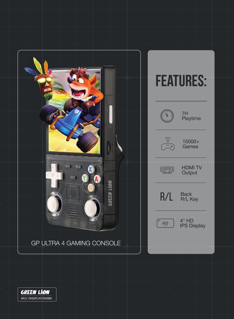 GREEN LION GP Ultra 4 Gaming Console with +15000 Built in Games & 4-inch IPS HD Screen / 7H Working Time/ Linux Operation / 64GB TF Card / 2.4GHz WiFi / Portable & Rechargeable Handheld Console - Black - Image 2