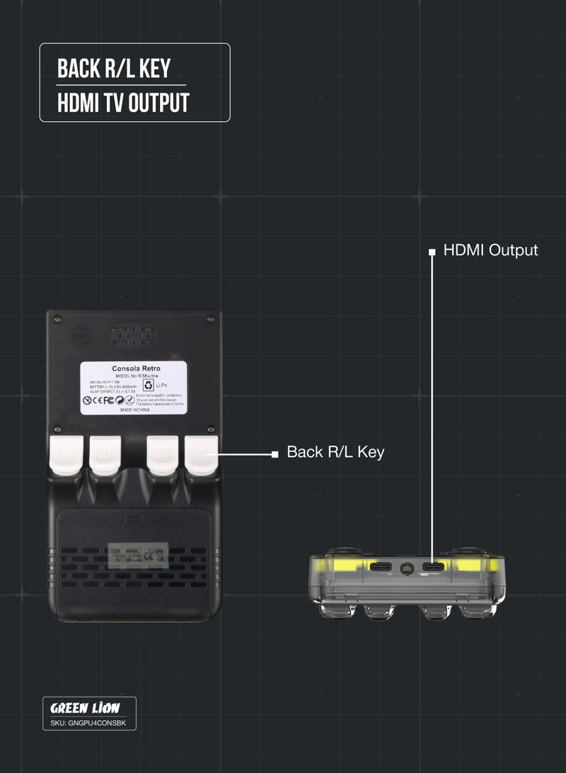GREEN LION GP Ultra 4 Gaming Console with +15000 Built in Games & 4-inch IPS HD Screen / 7H Working Time/ Linux Operation / 64GB TF Card / 2.4GHz WiFi / Portable & Rechargeable Handheld Console - Black - Image 4