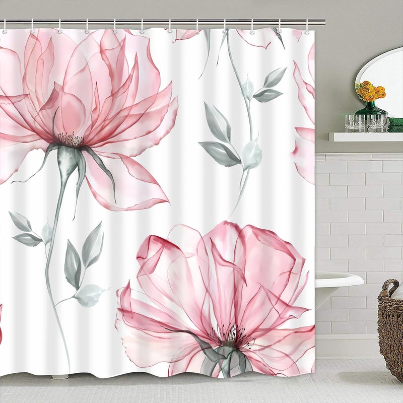 Pretyw 4-Piece Pink Flowers Shower Curtain Set Floral Leaves Bathroom Set with Shower Curtain and Rugs, Pink White Minimalist Bath Curtain with Hooks for Modern Home Decor - Image 2