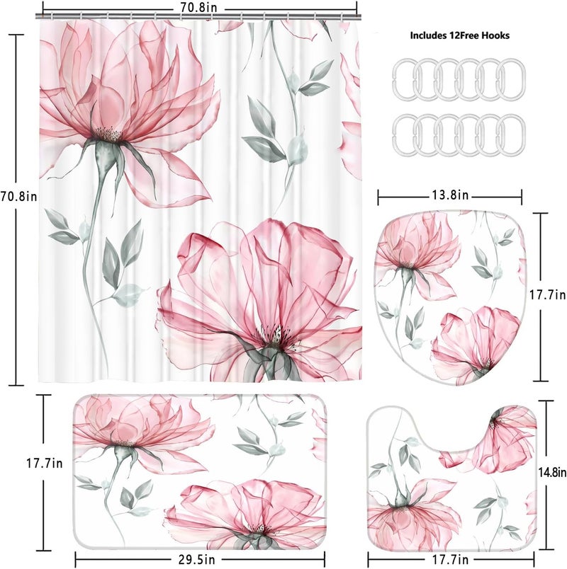 Pretyw 4-Piece Pink Flowers Shower Curtain Set Floral Leaves Bathroom Set with Shower Curtain and Rugs, Pink White Minimalist Bath Curtain with Hooks for Modern Home Decor - Image 4