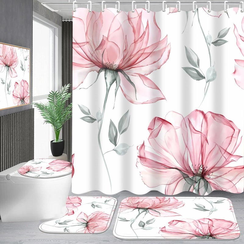 Pretyw 4-Piece Pink Flowers Shower Curtain Set Floral Leaves Bathroom Set with Shower Curtain and Rugs, Pink White Minimalist Bath Curtain with Hooks for Modern Home Decor - Image 1