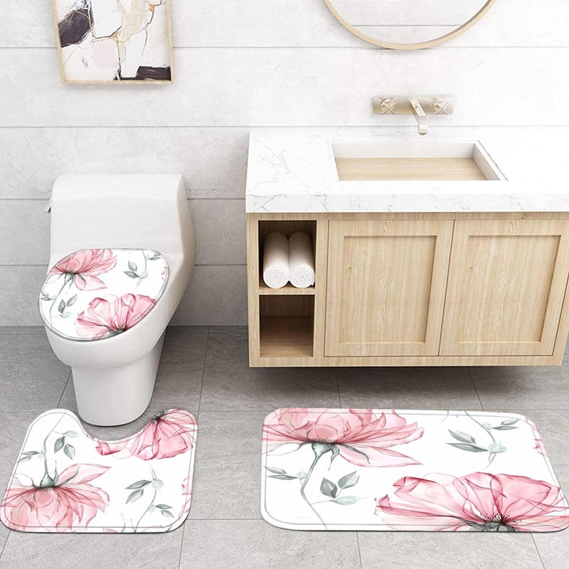 Pretyw 4-Piece Pink Flowers Shower Curtain Set Floral Leaves Bathroom Set with Shower Curtain and Rugs, Pink White Minimalist Bath Curtain with Hooks for Modern Home Decor - Image 3