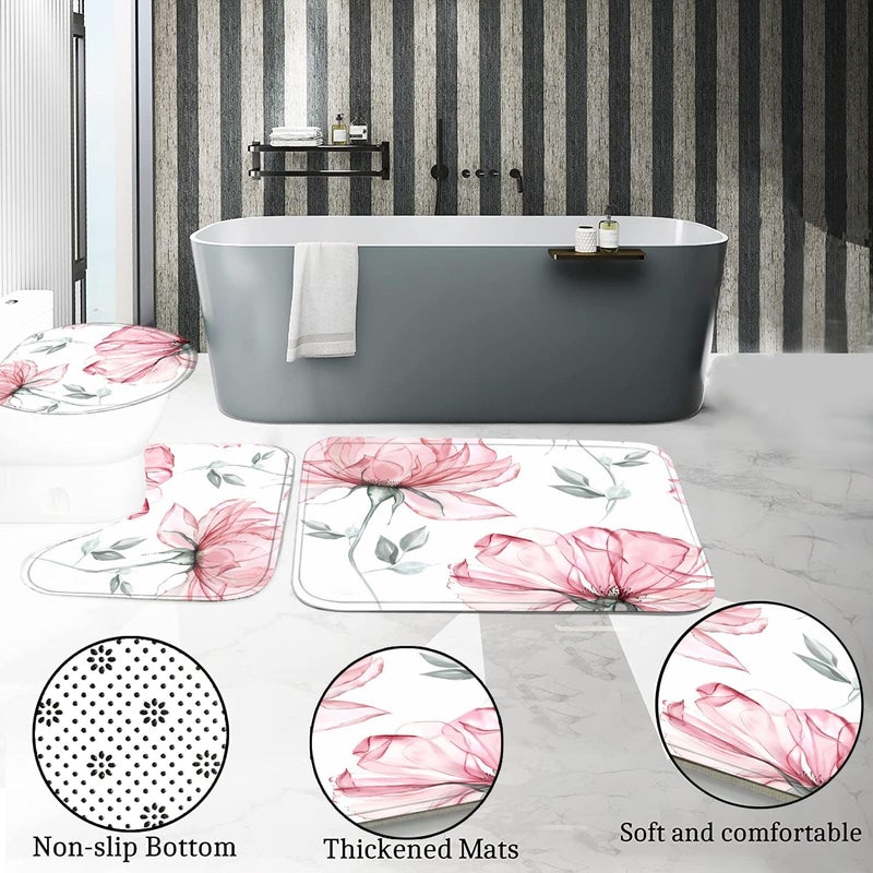Pretyw 4-Piece Pink Flowers Shower Curtain Set Floral Leaves Bathroom Set with Shower Curtain and Rugs, Pink White Minimalist Bath Curtain with Hooks for Modern Home Decor - Image 5