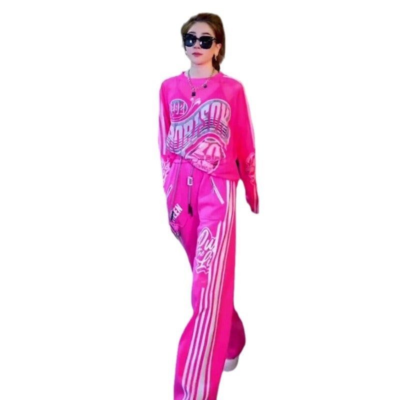 Women's Casual Sports Rose Red Printed T-Shirt and Pants Set - Image 3