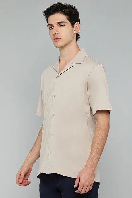 أر أند بي Textured Knit Shirt with Revere Collar and Short Sleeves