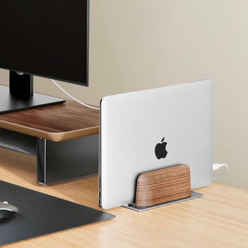 Vertical Laptop Stand for Desk - Black Walnut Wood and Aluminium Holder for Laptops - Image 2