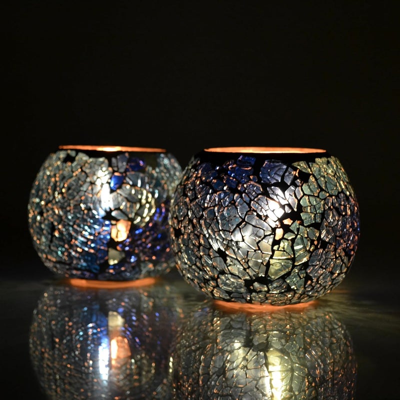 Glass Votive Candle Holder for Tealight Romantic Mosaic Cracked Candle Holder Christmas Table Centerpiece Party Decor Blue