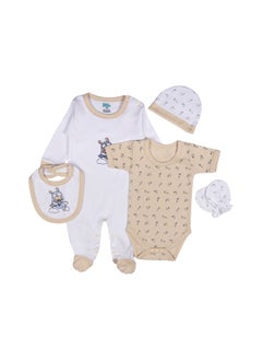 Babies Basic 5 Piece Unisex 100% Cotton Gift Set Include Bib, Romper, Mittens, Cap And Sleepsuit/Jumpsuit  - Image 1