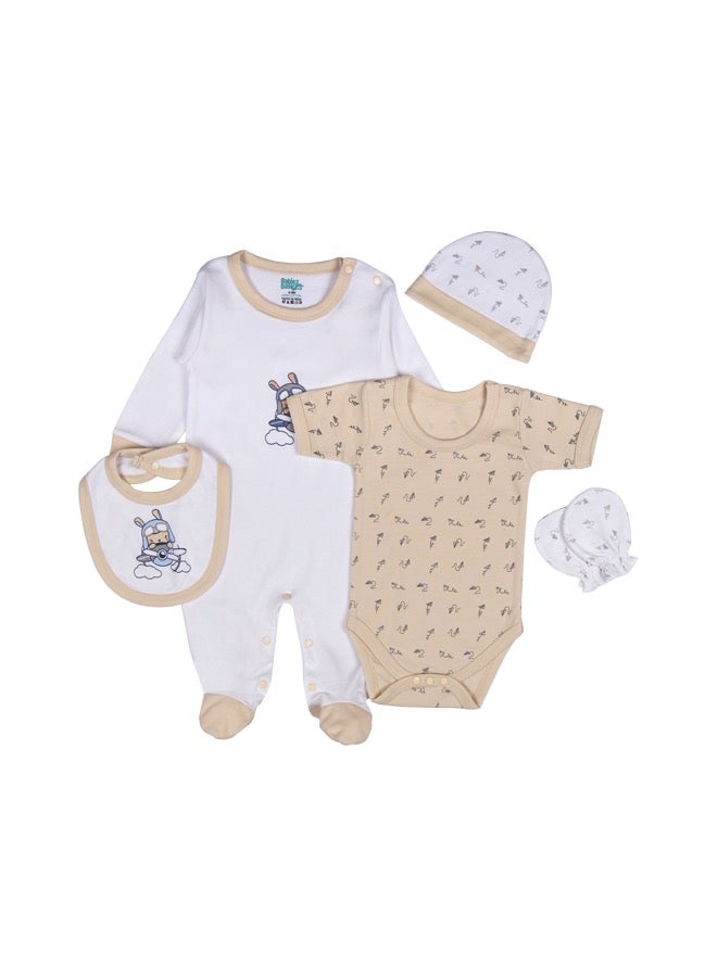 Babies Basic 5 Piece Unisex 100% Cotton Gift Set Include Bib, Romper, Mittens, Cap And Sleepsuit/Jumpsuit  - Image 1