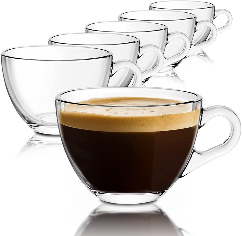 VILON Italian Premium Glass Tea Cup Set | Coffee Mugs with Handle Transparent Drinking Cup for Milk, Cappuccino, Hot Chocolate & Cold Beverages | 210ml | Set of 6 (Round Tea Cup 6) - Image 1