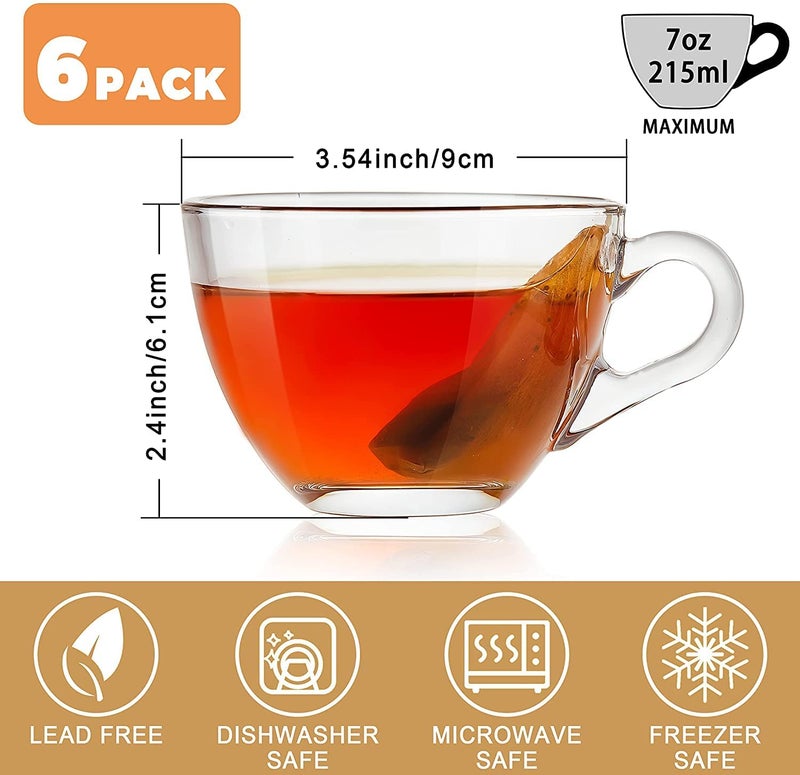 VILON Italian Premium Glass Tea Cup Set | Coffee Mugs with Handle Transparent Drinking Cup for Milk, Cappuccino, Hot Chocolate & Cold Beverages | 210ml | Set of 6 (Round Tea Cup 6) - Image 4
