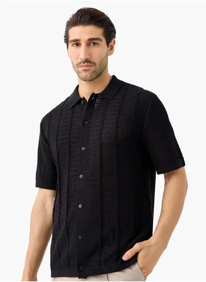 ايكونيك Iconic Textured Shirt with Collar and Short Sleeves