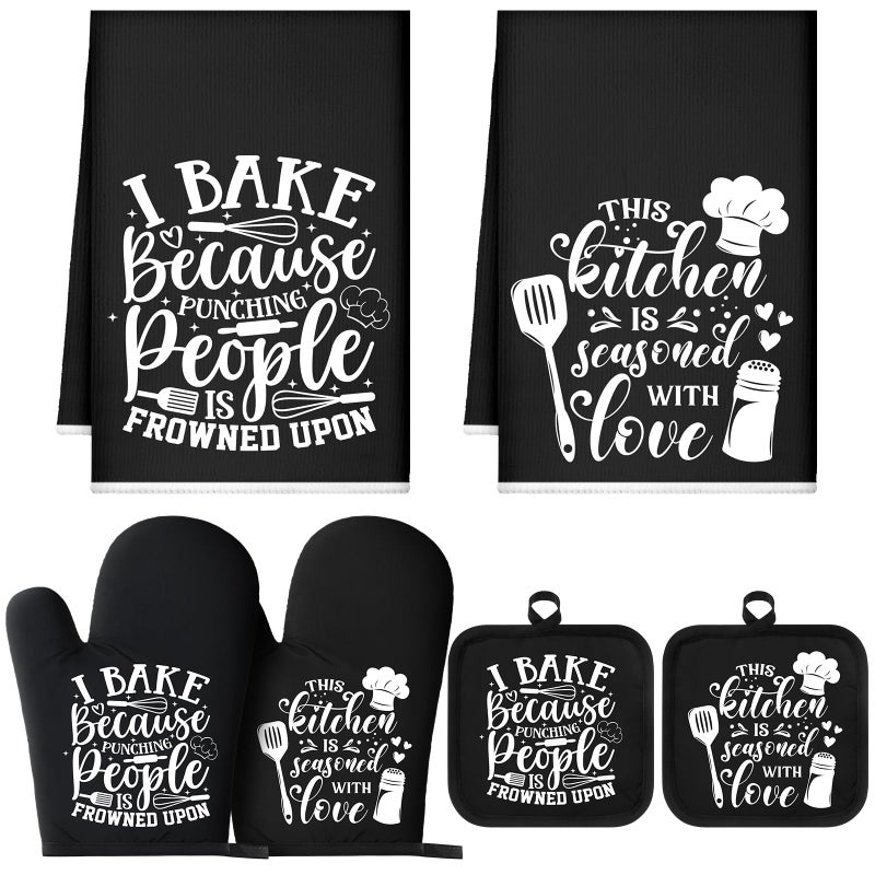 Sratte 6 Pcs Kitchen Decor Accessories Set Farmhouse Towels Pot Holders Oven Mitts Set 2 Dish Towels 2 Potholders 2 Cooking Mittens Oven Glove for Christmas Baking Cooking SupplyBlackBaking - Image 2