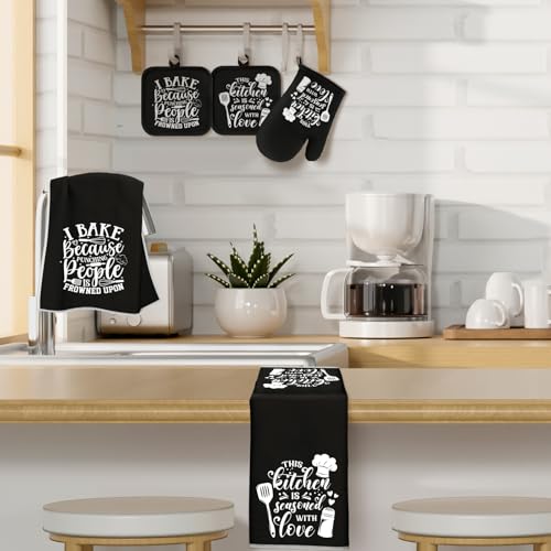 Sratte 6 Pcs Kitchen Decor Accessories Set Farmhouse Towels Pot Holders Oven Mitts Set 2 Dish Towels 2 Potholders 2 Cooking Mittens Oven Glove for Christmas Baking Cooking SupplyBlackBaking - Image 3