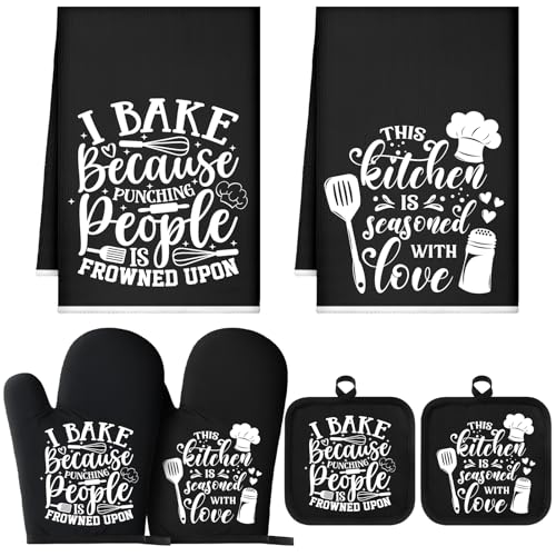 Sratte 6 Pcs Kitchen Decor Accessories Set Farmhouse Towels Pot Holders Oven Mitts Set 2 Dish Towels 2 Potholders 2 Cooking Mittens Oven Glove for Christmas Baking Cooking SupplyBlackBaking - Image 1