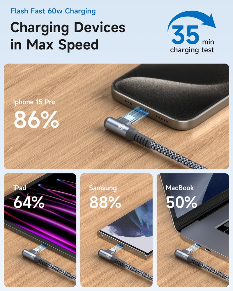 sweguard USB C to USB C Cable 90 Degree [2-Pack, 1m] Type-C Cable 60W Fast Charging cable for iPhone 17/16/15, MacBook Pro/Air, iPad Pro, Sam sung Galaxy S26/S25/S24~S8, Sony, Pixel & All Type-C Devices(Gray) - Image 5