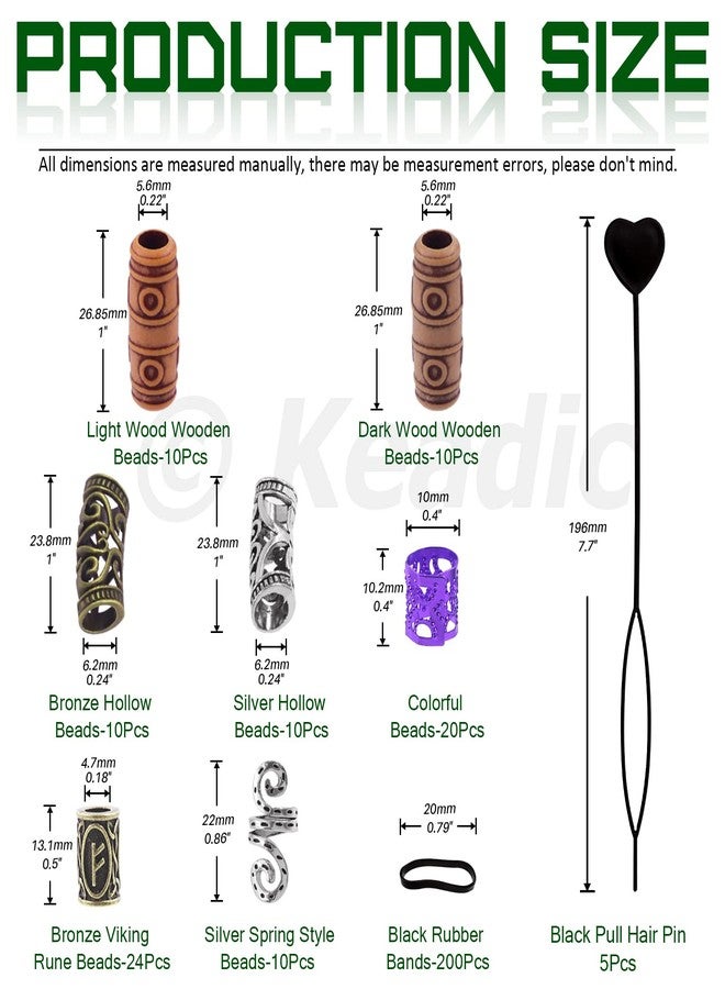 Keadic 299 Pcs 7 Style Viking Hair Beard Bead Assortment Kit Includes Dreadlocks Beads, Pull Hair Pin, Black Rubber Bands and Hair Extension Link Ring for Hair Braiding DIY Jewelry Decoration - Image 2