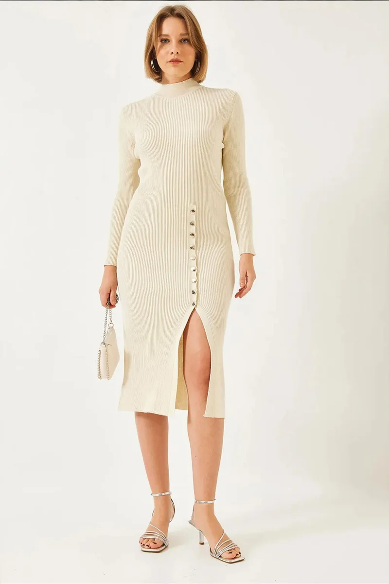 Bianco Lucci LUCCI Ribbed Textured Turtleneck Midi Knitted Dress