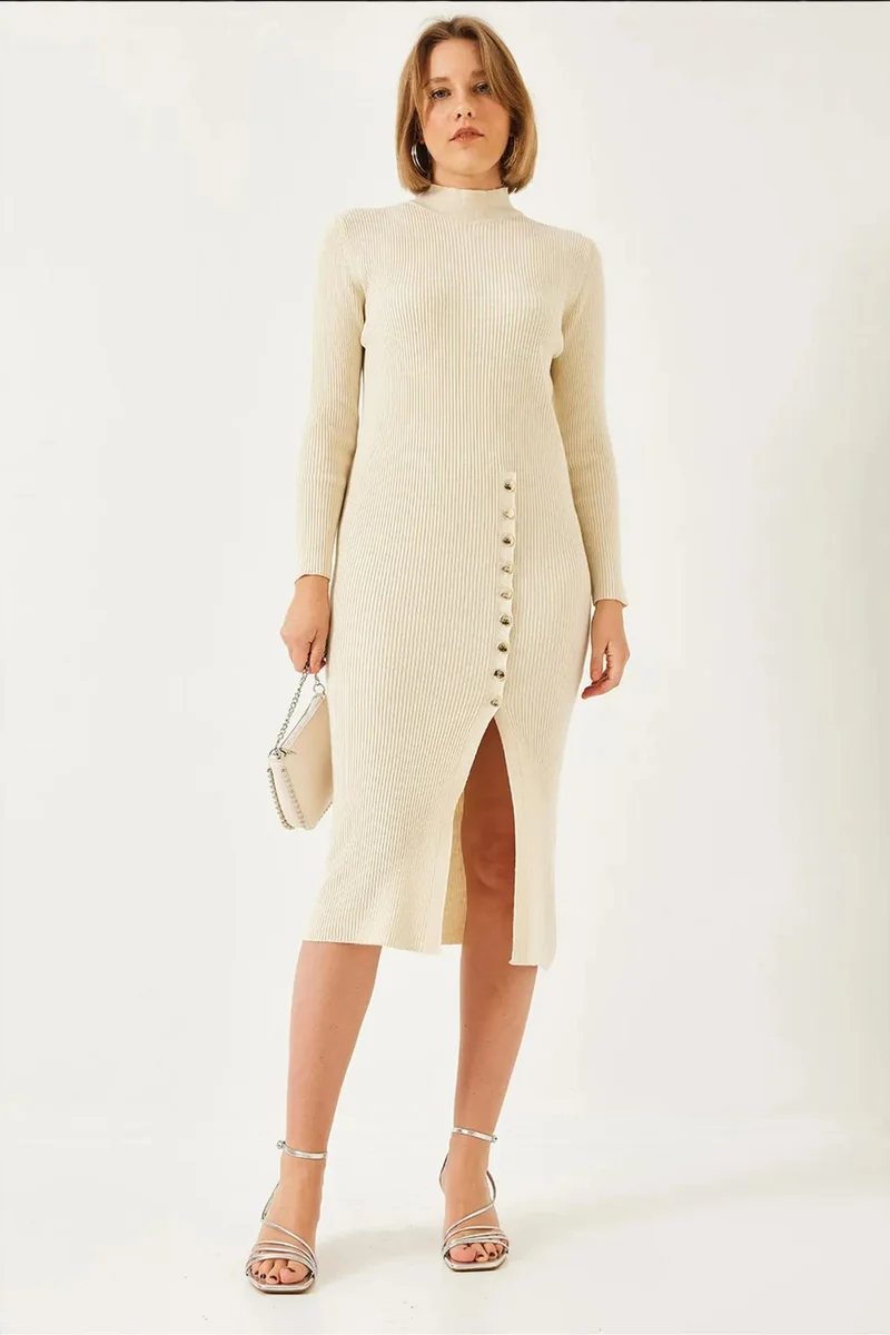 Bianco Lucci LUCCI Ribbed Textured Turtleneck Midi Knitted Dress