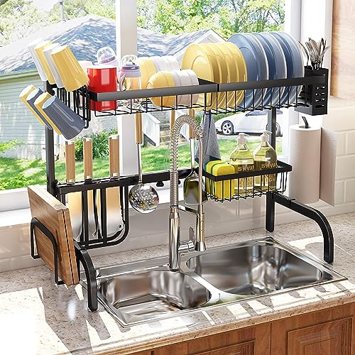 SAYZH Over The Sink Dish Drying Rack, Adjustable (25.5 to 33.5 inch) 2 Tier Metal Steel Dish Drying Racks for Kitchen Counter with Hooks Paper Towel Utensil Cup Holder Sink Caddy (Black) - Image 2