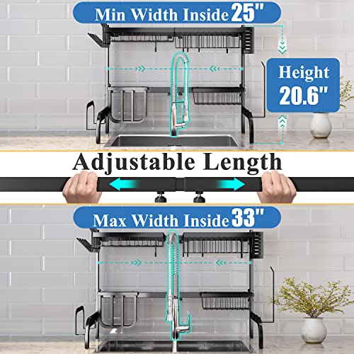 SAYZH Over The Sink Dish Drying Rack, Adjustable (25.5 to 33.5 inch) 2 Tier Metal Steel Dish Drying Racks for Kitchen Counter with Hooks Paper Towel Utensil Cup Holder Sink Caddy (Black) - Image 3