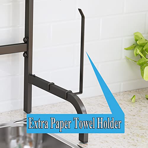 SAYZH Over The Sink Dish Drying Rack, Adjustable (25.5 to 33.5 inch) 2 Tier Metal Steel Dish Drying Racks for Kitchen Counter with Hooks Paper Towel Utensil Cup Holder Sink Caddy (Black) - Image 5