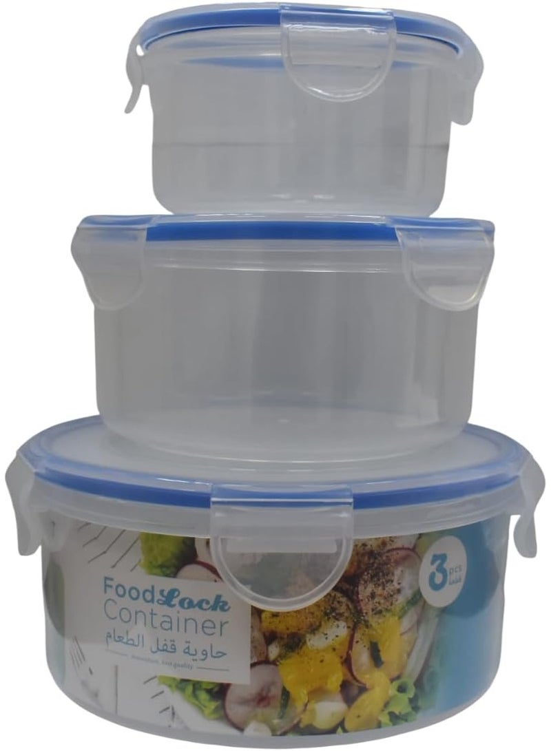 FoodLock Round Food Storage Containers, Clear Plastic with Blue Lids, 3-Piece Airtight Set, 400ml, 800ml, 1500ml Capacity