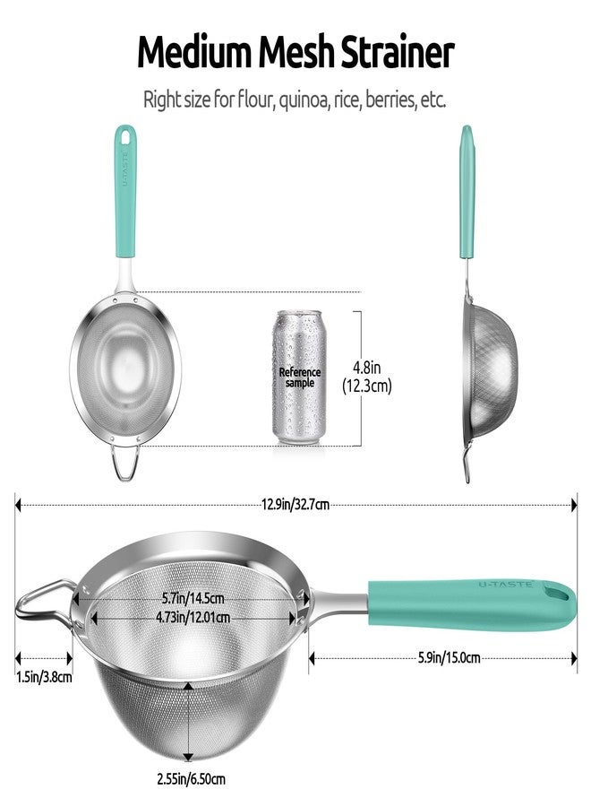 U-Taste Medium Fine Mesh Strainer: 18/8 Stainless Steel 4.73in 30 Mesh Kitchen Food Sieve with Sturdy Riveted Silicone Handle, Heavy Duty Deep Handheld Metal Colander for Rice, Quinoa, Flour(Aqua Sky) - Image 2