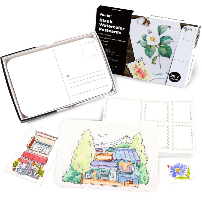 Funto Blank Watercolor Paper Postcards, 100% Cotton, 28 Cards+2 Watercolor Stamps, 4x6, 140lb/300gsm, Acid-Free Heavyweight for Thanks - Image 1