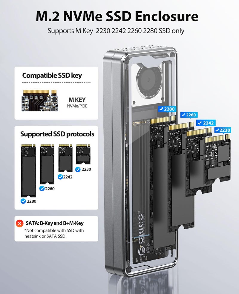 ORICO 40Gbps M.2 NVMe SSD Enclosure with Cooling Fan, Tool-Free Installation Aluminum Crystal NVMe Case, Support 2280 M2 Solid State Drive, Compatible with Thunderbolt 3/4 USB4/3.2/3.1/3.0 - Image 4