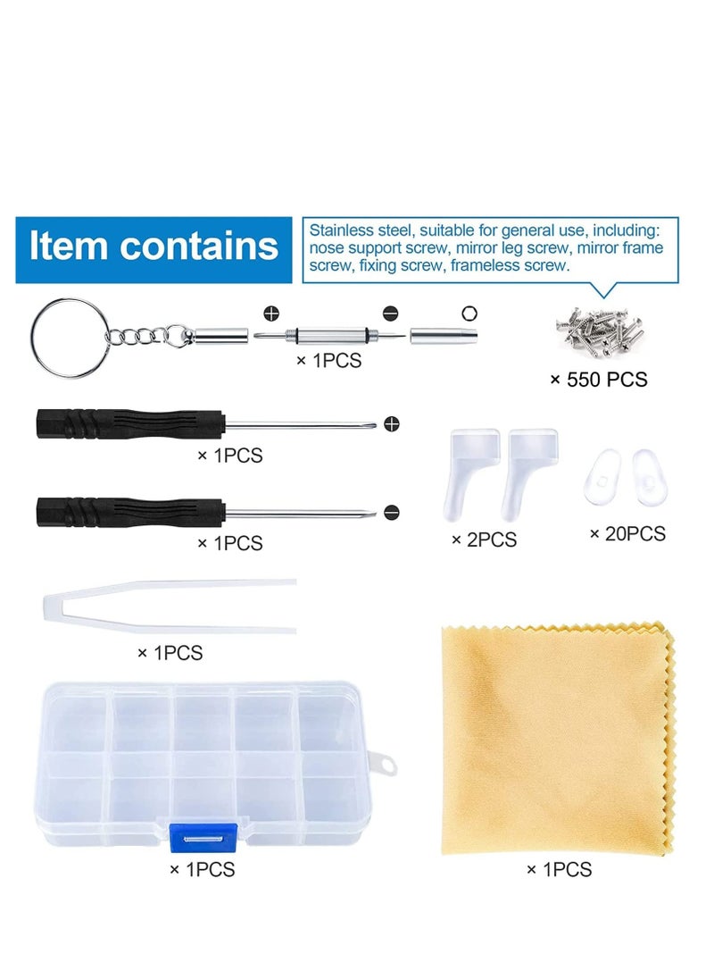Excefore - Glasses Repair Tool Kit 550 Pcs Spectacles Repair Screws Set with Mini Screwdriver Screws Nuts Silicone Nose Pads Tweezer Glasses Cloth - Image 1